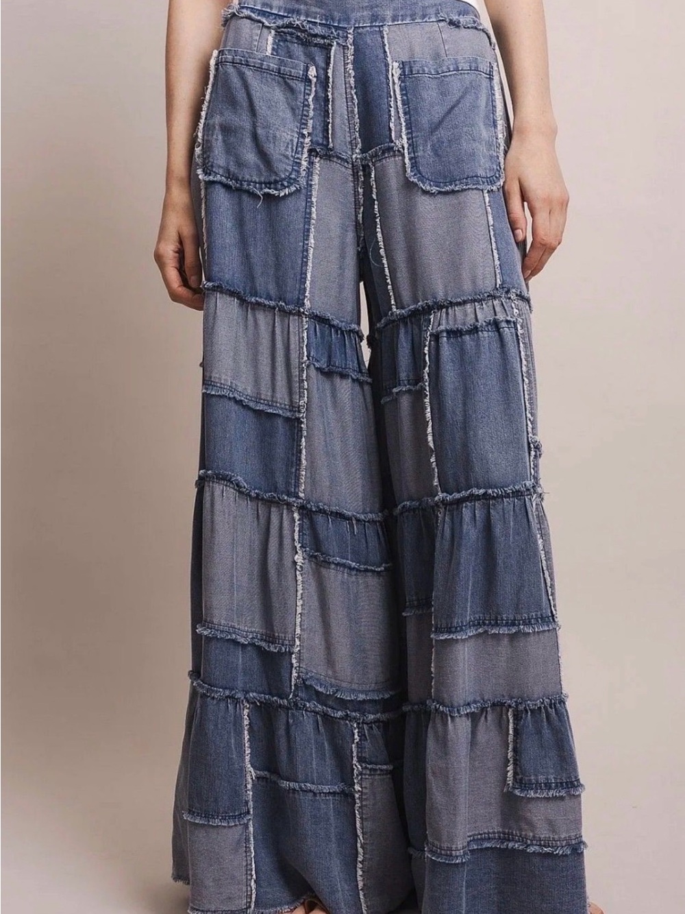 Patchwork Wide-Leg Denim pants - Blue - Picture 2 of 3